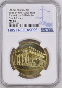 Medal 2021 34mm France France Expo 2020 Dubai First Releases Brass NGC MS 68 Top - Picture 1 of 3