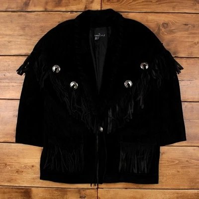 Blazer Vintage Carole Little Leather Jacket XL Western Gamuza Flecos 14 Negro Foto 1 de 4