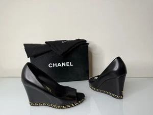 Chanel Peep Toe Wedge Chain Leather Black Heel Shoes 36 EU - Picture 1 of 11