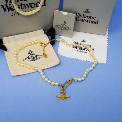 Vivienne Westwood Gold Mini Bas Relief Pearl Safety Pin Orb Choker Necklace Box - Image 1 of 4