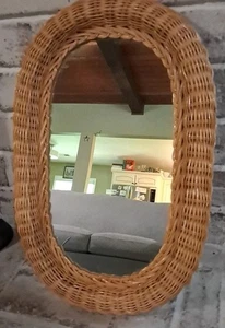 Vintage Natural Wicker Rattan Woven Oval Accent Mirror Boho 19" x 12" - Picture 1 of 5