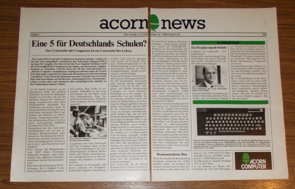 Seltene Werbung ACORN Computer - Acorn News #2 Eine 5 für deutsche Schulen 1984 - Image 1 of 1