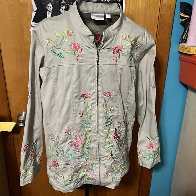 STAIN Quacker Factory Tan Butterfly Floral Embroidered Zipper Jacket Womens XL - Image 1 of 4