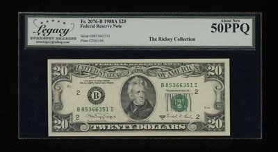 DBR 1988-A $20 FRN New York Fr. 2076-B Legacy AU-50 PPQ Serial B85366351I - Image 1 of 2