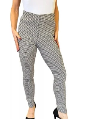ZARA MUJER LEGGINGS PANTALONES CUADROS GINGHAM BLANCO NEGRO MARRÓN CINTURA ALTA 9815/163 M Foto 1 de 4