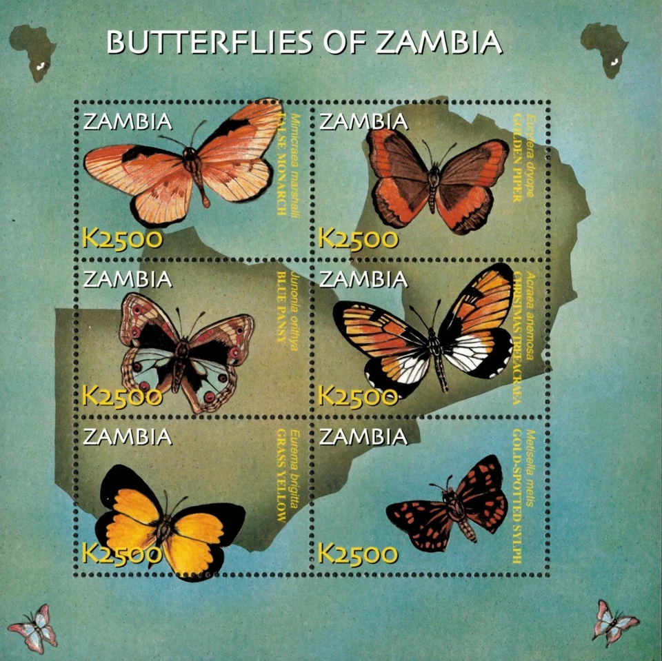 Zambia 2002 - Butterflies of Zambia - Sheet of 6 Stamps - Scott #990 - MNH - Image 1 of 1