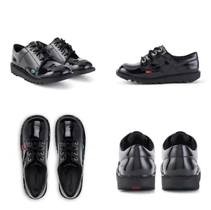 KICKERS Patent Leather Black Shoes Kick Lo New Youth Unisex Classic Size 3-6 - Picture 1 of 5