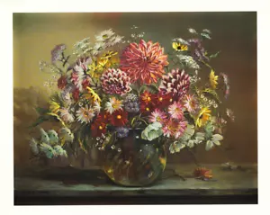 Vintage Blumen in einer Vase Dahlien Gänseblümchen und Spitze Betty Mitchell 26x22 Zoll - Bild 1 von 1