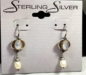 Orecchini in argento sterling 925 pietra di luna pietra preziosa perla traforata goccia - Foto 1 di 4