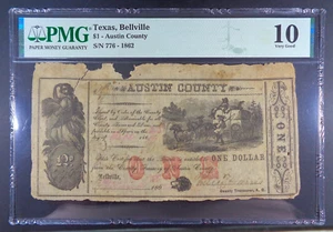 1862 Bellville, TX - Banconota da $1 della contea di Austin, nespola 2, PMG VG 10. - Foto 1 di 2