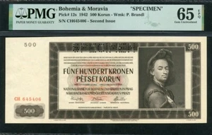 Bohemia & Moravia 1942 500 Korun P12s Specimen PMG 65 EPQ GEM UNC - Picture 1 of 2