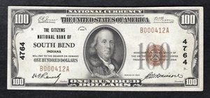 1929 100 $ CITIZENS NATIONAL BANK OF SOUTH BEND, IN NATIONALER WÄHRUNG CH.#4764 XF - Bild 1 von 2
