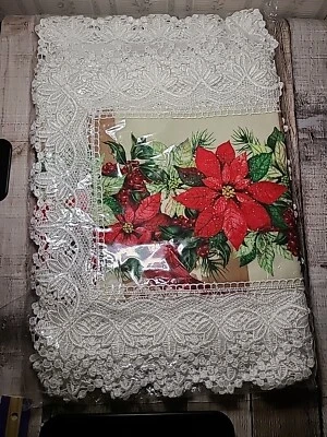 Christmas Cardinal Lace Trim Placemat Set Of Four And Runner New - Image 1 of 4