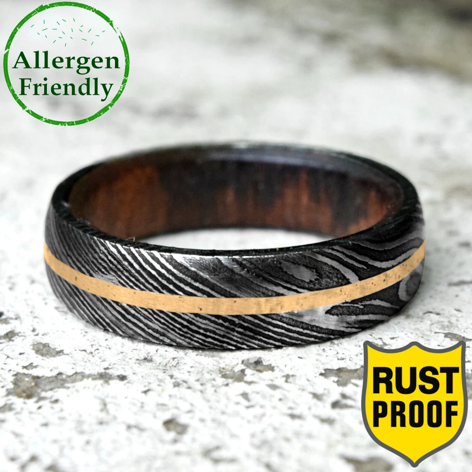 Anillo de compromiso personalizado con incrustación de latón dorado de 4 mm para hombre banda de madera Foto 1 de 4