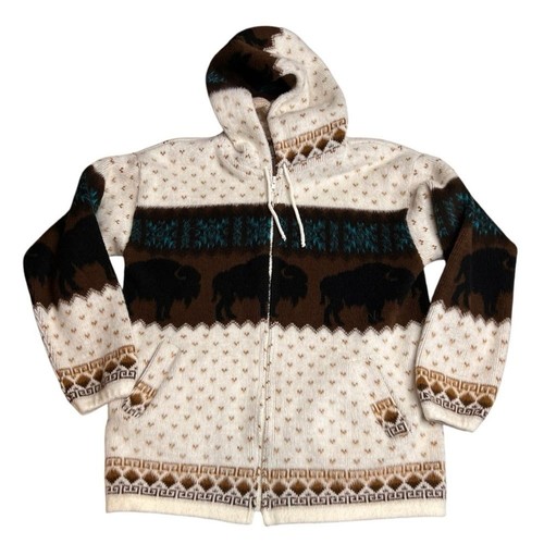 OFF WHITE Felpa con cappuccio e zip vintage Earth Ragz misto lana bufalo Fair Isle taglia small