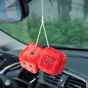 Red Retro Hanging Dice for Car Mirror Fuzzy Plush Dice with Dots for Car/Home - Picture 1 of 8