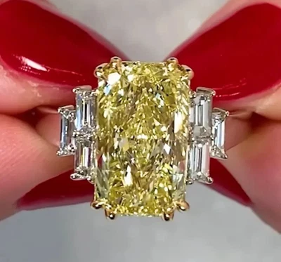 5.50CT Radiant Cut Lab Grown Fancy Vivid Yellow Diamond Engagement Ring 14k Gold - image 1 of 4