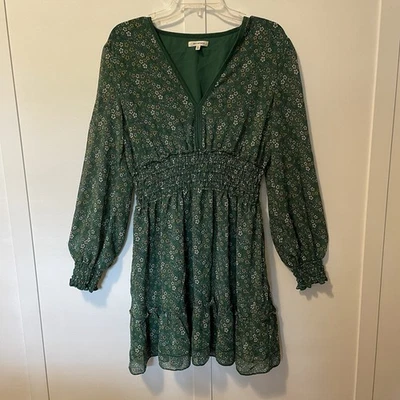 Vestido Max Studio Boho en Niveles Verde Floral Talla L Completamente Forrado Manga Larga Calado Foto 1 de 4