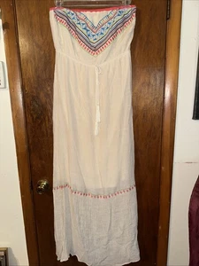 Flying Tomato Strapless Maxi Boho Dress Size L Ivory Tribal Embroidery. DR - Picture 1 of 4