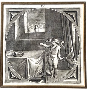 1640er Adriaen Pietersz Van de Venne Cherub und die Uhr Gravur / Druck - Bild 1 von 4