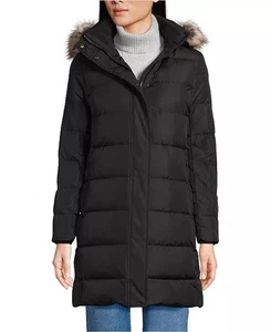 Lands' End Daunen Winter Mantel Kunstfell Kapuze 600 FP Gr: L Oxford Schwarz Neu mit Etikett - Bild 1 von 12