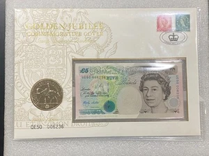 2002 U.K. QUEENS GOLDEN JUBILEE 2002 5 POUND COIN & 1990 BANK NOTE SET ~ SEALED - Bild 1 von 7