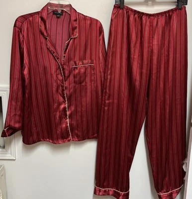 Jones New York Red Stripe Liquid Satin Pajamas Shirt Pants Set Large - Image 1 of 4