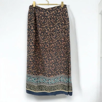 90s Vintage Annie Alexander Silk Animal Print Midi Wrap Skirt 14 Maximalist - Image 1 of 4
