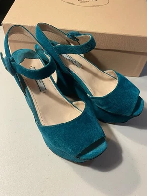 PRADA Suede Peacock Teal Platform Block Heel Sz 35.5 Sandals Shoes Heels - Image 1 of 4