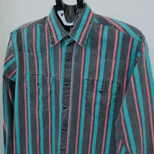 VTG Wrangler Brushpopper Western Shirt Mens 16/34 Large Pearl Snap Rodeo Cowboy - Picture 1 of 12