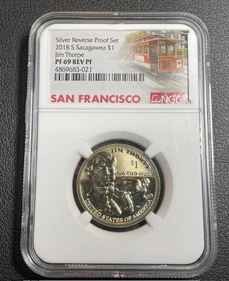 2018 S SACAGAWEA JIM THORPE $1 NGC REVERSE PR69 50th Anniversary Silver Set - Image 1 of 2