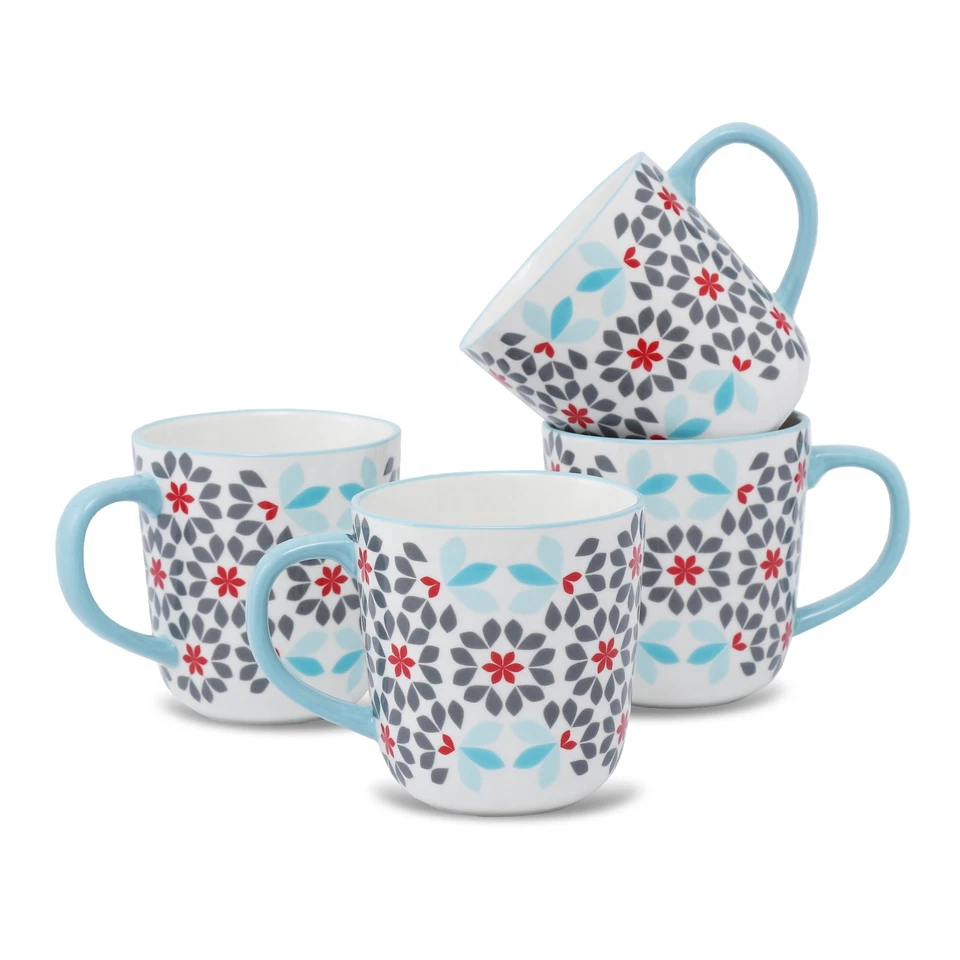 Juego de 4 tazas de café florales de 14 oz con mango azul, patrón de flores grises y rojas Foto 1 de 4