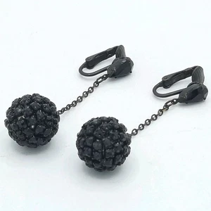 Vintage 60er Jahre schwarz Strass Kugel Tropfen Hänger Disco Clip auf Ohrring Kette - Bild 1 von 4