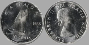 Canadá 1955 10 centavos de plata Anacs MS64 BU SIN CIRCULAR MONEDA DETALLADA - Imagen 1 de 4