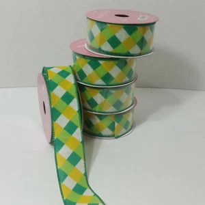 Wired Ribbon Yellow Green White Checkered 5 Rolls 1.5" x 25 Feet Simply Spring - Picture 1 of 10