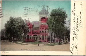City Hall Building & Fountain Adrian Michigan MI 1907 Postcard UDB Hand Colored - Picture 1 of 2