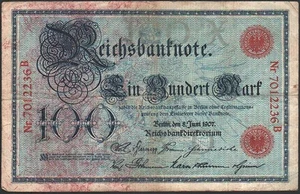 100 mark 1907 Reichsbanknoten 8.6.1907 - Series: 7012236B X - "VG"- #A35a - Picture 1 of 3