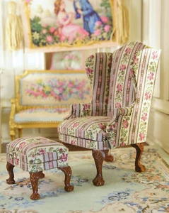 1:12 Scale Miniature Wingback Chair with Ottoman - Floral Upholstered Furniture - Picture 1 of 5