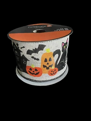 Celebrate it Halloween 2 1/2" x 20 ft Black Cat Bat Pumpkin Printed Wired Ribbon - Image 1 of 4
