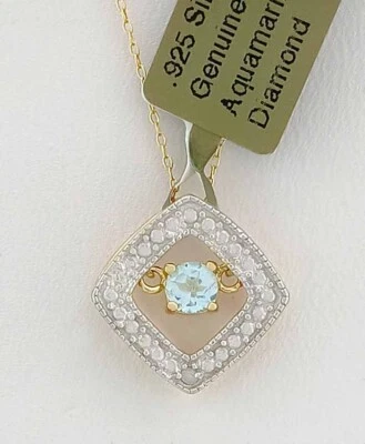 COLLAR COLGANTE DE AGUAMARINA Y DIAMANTES GENUINO 0,22 quilates plata .925 - Nuevo con etiqueta Foto 1 de 4