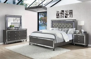 5pc King Panel Bed Set Gray Fabric Upholstery w/ LED Lights Bedroom Furniture - Picture 1 of 10