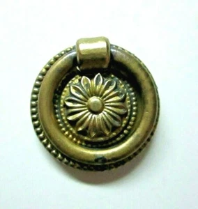 Solid Cast Brass 1850s Floral Drop Ring Pull Handle Flower 1-1/4" Round Antique - Picture 1 of 12