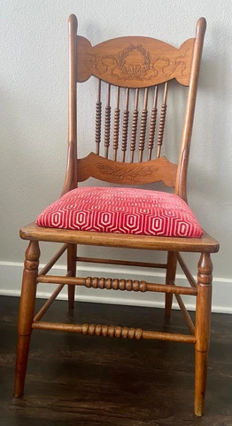 Antique Oak Pressed Back Side Chair Good Condition. Newly Reupholstered Cover