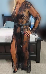 NEW Elegant Sexy Black Sheer Mesh Lace Trim Long Satin Belt Robe Sz Med. - Picture 1 of 18