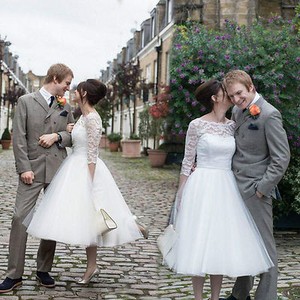 Tea-Length 3/4 Sleeve Wedding Dresses 