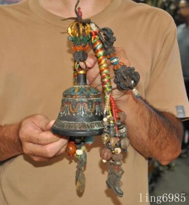 antigo budismo tibetano pintado de bronze Tara Vajra Bell Chung relógio infantil um conjunto - Imagem 1 de 4