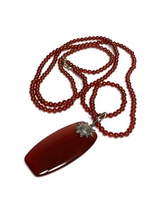 Carnelian Pendant Necklace Beaded  Sterling Silver Cushion Shape 36”  - Picture 1 of 11