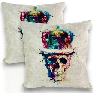 Royal Skull Print Throw Pillow Covers Cotton Rainbow Gothic Home Decor 17 x 17" - Picture 1 of 6