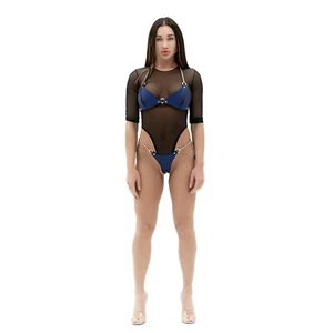 Marineblau Kunstleder BH und Tanga Harness Set mit Taillenkette - Bild 1 von 9
