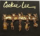 Cookie Lee 5 Kitty Cats With Hanging Toys Brooch Pin Gold Tone 2.5 Inches